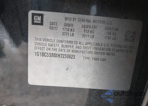 2017 Chevrolet Cruze Ls Auto из США, поврежденный, VIN 1G1BC5SMXH7230623